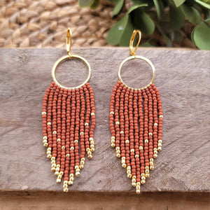 Terracotta  Beaded Fringe Earrings on Gold Hoops, Rust, Orange, Red