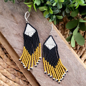 Black, Mustard Yellow and White Fringe Earrings, Seed Bead