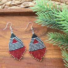 Load image into Gallery viewer, Christmas Holiday Earrings, Trees, Forest Green, Cranberry Red, White, Stripes, Gold, Beaded Fringe, Handmade
