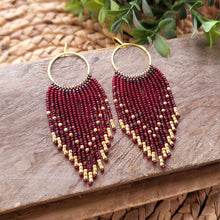 Load image into Gallery viewer, Garnet Red and Gold Beaded Fringe Earrings on Hoops, Burgundy
