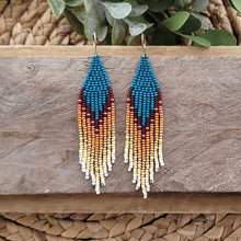 Load image into Gallery viewer, Turquoise, Teal Flame Beaded Fringe Earrings, Seed Bead
