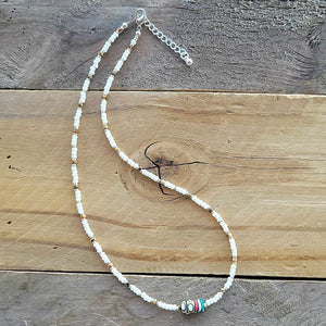 Seed Bead Layering Necklace with Focal Bead Off White Natural Brown Turquoise Coral Boho