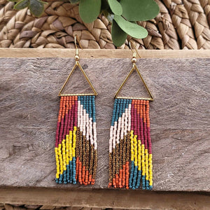 Multi-Colored 70's style Fringe Earrings with Triangle Accent, Gold