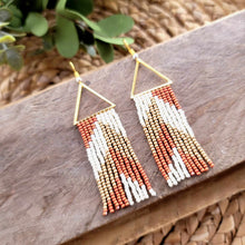 Load image into Gallery viewer, Pumpkin Orange, Cream White and Gold Beaded Fringe Earrings with Triangle Accent
