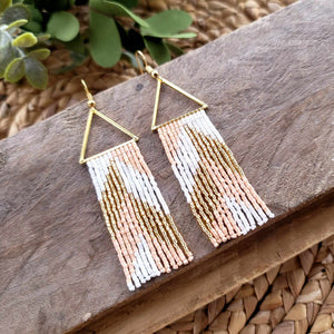 Pink, Cream White and Gold Beaded Fringe Earrings with Triangle Accent