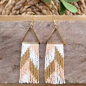 Pink, Cream White and Gold Beaded Fringe Earrings with Triangle Accent
