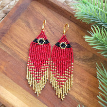 Load image into Gallery viewer, Santa Belt Beaded Fringe Earrings, Christmas, Holiday, Red, Black, Gold, Festive Jewelry
