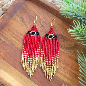 Santa Belt Beaded Fringe Earrings, Christmas, Holiday, Red, Black, Gold, Festive Jewelry