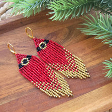 Load image into Gallery viewer, Santa Belt Beaded Fringe Earrings, Christmas, Holiday, Red, Black, Gold, Festive Jewelry
