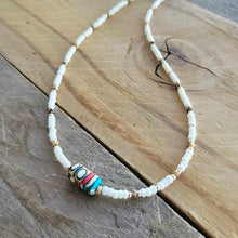 Load image into Gallery viewer, Seed Bead Layering Necklace with Focal Bead Off White Natural Brown Turquoise Coral Boho
