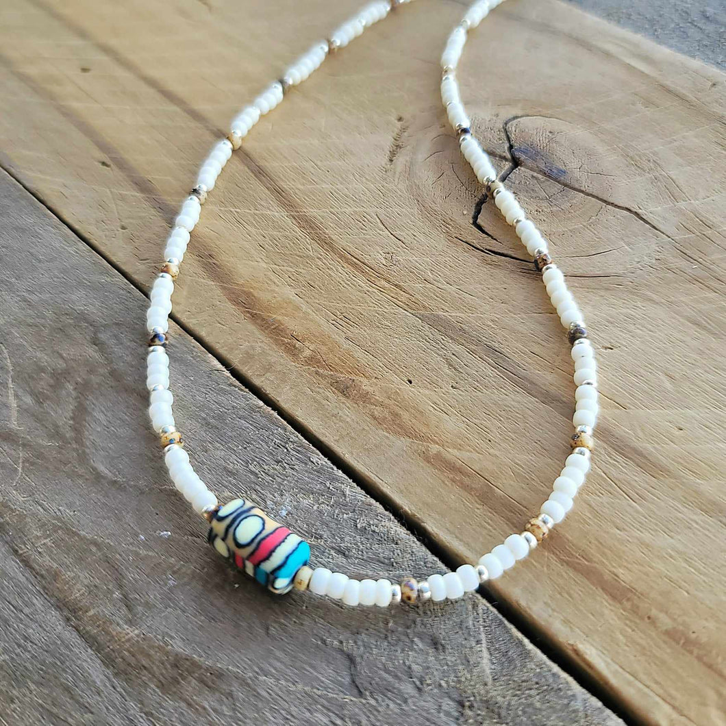 Seed Bead Layering Necklace with Focal Bead Off White Natural Brown Turquoise Coral Boho