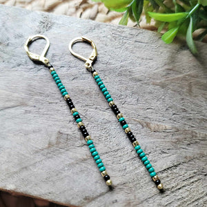 Dark Kelly Green Black and Gold Stick Earrings Colorful