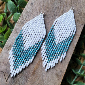 Turquoise Blue White and Silver Beaded Fringe Earrings Handmade Boho Country Chic