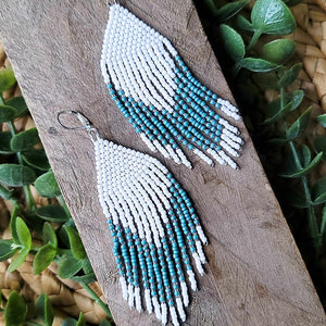 Turquoise Blue White and Silver Beaded Fringe Earrings Handmade Boho Country Chic