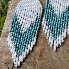 Load image into Gallery viewer, Turquoise Blue White and Silver Beaded Fringe Earrings Handmade Boho Country Chic
