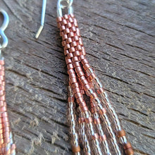 Load image into Gallery viewer, Copper Rose Gold and Bronze Beaded Fringe Earrings Peyote Stitch Dangle
