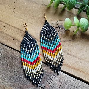 Multicolored Beaded Fringe Earrings in Chevron Pattern Blue Gold Turquoise Red Yellow White