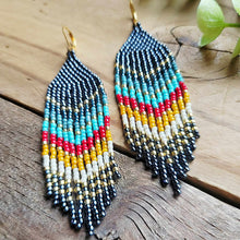 Load image into Gallery viewer, Multicolored Beaded Fringe Earrings in Chevron Pattern Blue Gold Turquoise Red Yellow White
