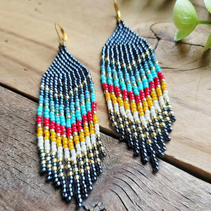 Multicolored Beaded Fringe Earrings in Chevron Pattern Blue Gold Turquoise Red Yellow White