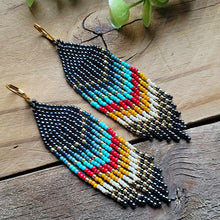 Load image into Gallery viewer, Multicolored Beaded Fringe Earrings in Chevron Pattern Blue Gold Turquoise Red Yellow White
