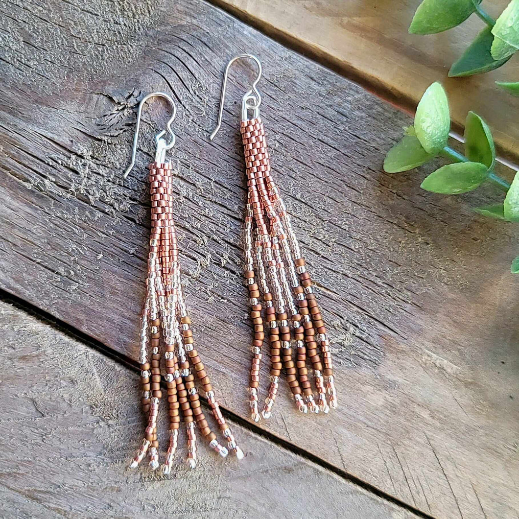 Copper Rose Gold and Bronze Beaded Fringe Earrings Peyote Stitch Dangle