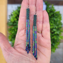Load image into Gallery viewer, Oil Slick Beaded Tassel Earrings Blue Green Purple Teal Iris
