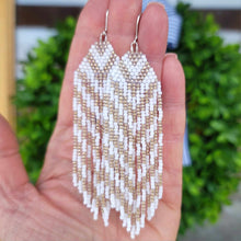 Load image into Gallery viewer, White and Gold Beaded Fringe Earrings with Chevron Pattern
