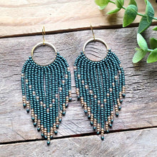 Load image into Gallery viewer, Deep Emerald Green Beaded Fringe Earrings on Gold Hoops
