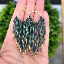 Load image into Gallery viewer, Deep Emerald Green Beaded Fringe Earrings on Gold Hoops
