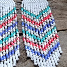 Load image into Gallery viewer, Pink Turquoise Purple and White Beaded Fringe Earrings in Chevron Pattern
