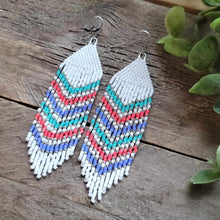 Load image into Gallery viewer, Pink Turquoise Purple and White Beaded Fringe Earrings in Chevron Pattern
