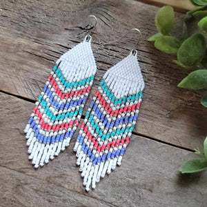 Pink Turquoise Purple and White Beaded Fringe Earrings in Chevron Pattern
