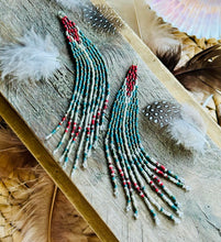 Load image into Gallery viewer, Turquoise, Red &amp; Silver Slim Shoulder Dusters Beaded Fringe Earrings
