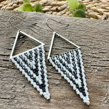 Load image into Gallery viewer, Hematite, White and Silver Triangle Drop Earrings, Beaded, Chevron
