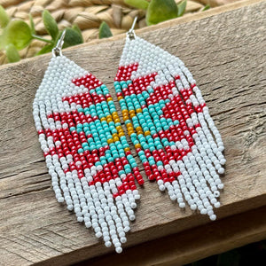 Flower Burse Beaded Fringe Earrings in White, Strawberry Red, Turquoise and Yello