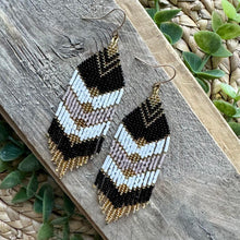 Load image into Gallery viewer, Black, Cream, Taupe and Gold Beaded Fringe Earrings
