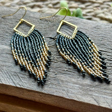 Load image into Gallery viewer, Picasso Black and Gold Fringe Earrings on Diamond Frame
