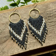 Load image into Gallery viewer, Navy Hematite, Cream and Gold Beaded Fringe Hoop Earrings
