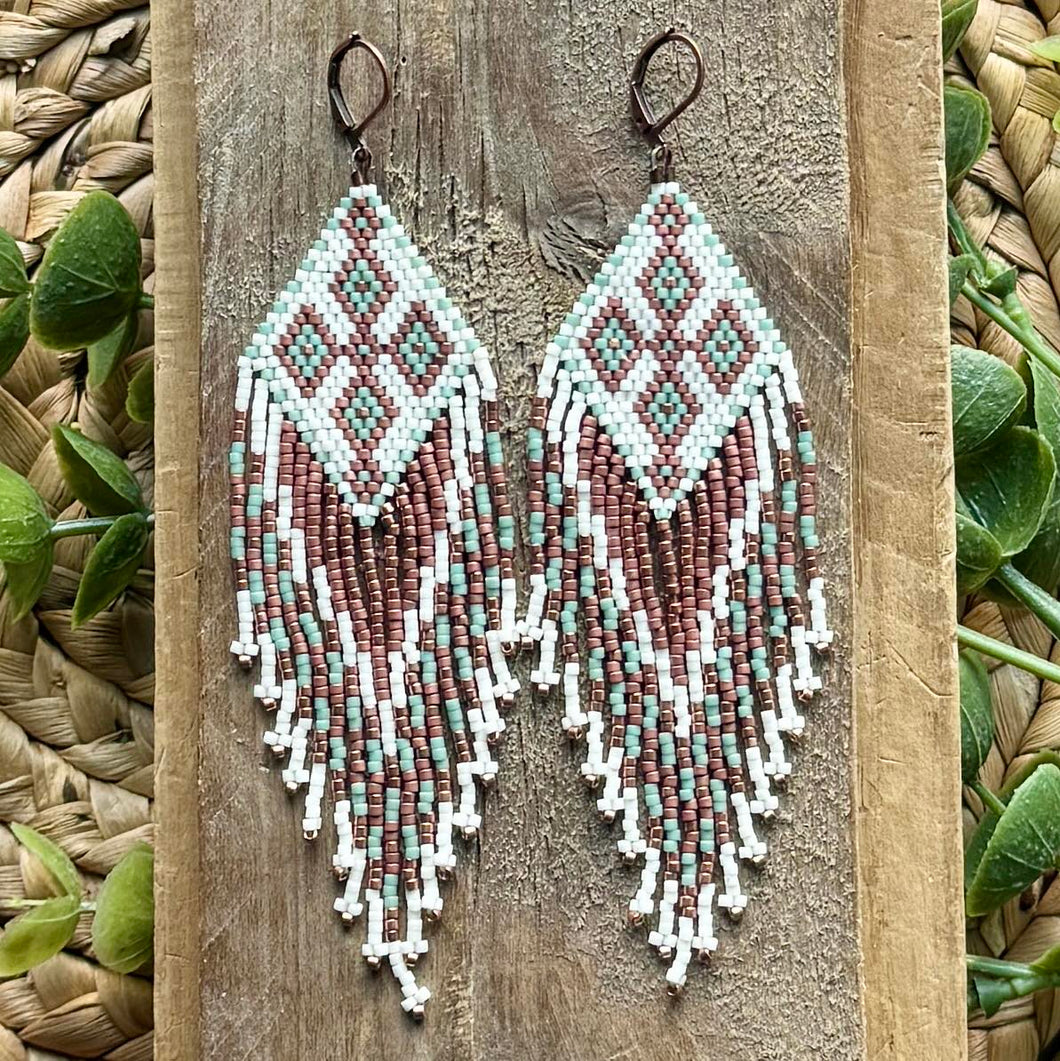 Beaded Fringe Earrings, Seafoam Green, Off-White and Copper, Southwest Style