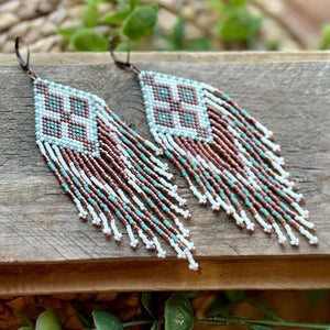 Beaded Fringe Earrings, Seafoam Green, Off-White and Copper, Southwest Style