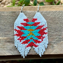 Load image into Gallery viewer, Flower Burse Beaded Fringe Earrings in White, Strawberry Red, Turquoise and Yello
