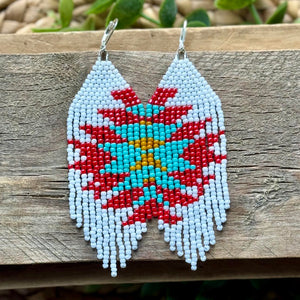 Flower Burse Beaded Fringe Earrings in White, Strawberry Red, Turquoise and Yello