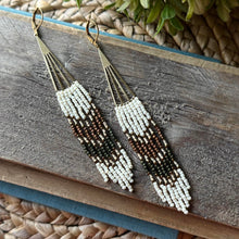 Load image into Gallery viewer, Brass Fan Beaded Fringe Dangle Earrings, Off-White, Bronze, Forest Green, Shoulder Dusters
