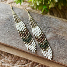 Load image into Gallery viewer, Brass Fan Beaded Fringe Dangle Earrings, Off-White, Bronze, Forest Green, Shoulder Dusters
