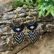 Load image into Gallery viewer, Black and White Beaded Fringe Earrings on Gold Hoops, with Cranberry Red Accent
