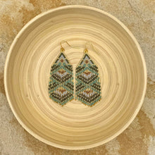 Load image into Gallery viewer, Tribal Print Beaded Fringe Statement Earrings, Grey, Seafoam Green, Gold, Bronze
