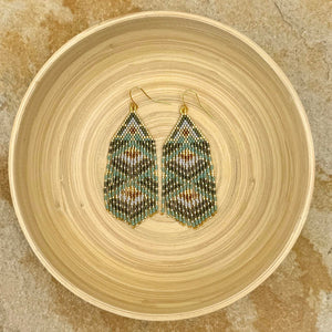 Tribal Print Beaded Fringe Statement Earrings, Grey, Seafoam Green, Gold, Bronze