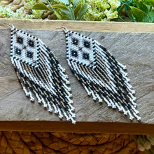Load image into Gallery viewer, Beaded Fringe Earrings, Black, White, Grey, Southwest Style Shoulder Dusters

