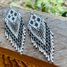 Load image into Gallery viewer, Beaded Fringe Earrings, Black, White, Grey, Southwest Style Shoulder Dusters

