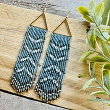 Load image into Gallery viewer, Gray Blue, White and Navy Blue Beaded Fringe Earrings with Triangle Accent
